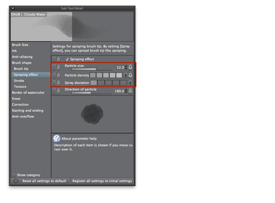 To vary brush size and get a correct effect, remember to change particle size too.