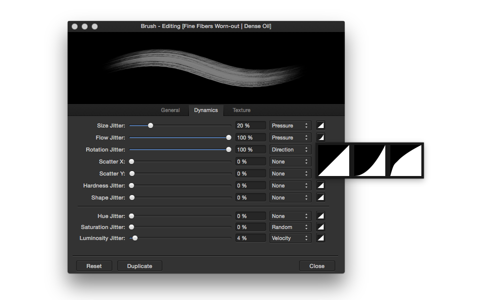 Curve profiles for pen settings